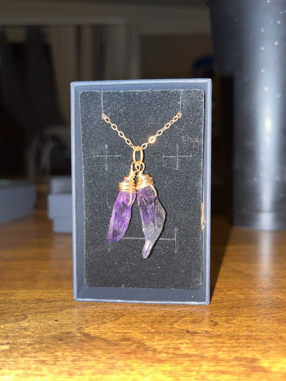 Gold Wire-Wrapped Amethyst Pendant Necklace - Purple Crystal